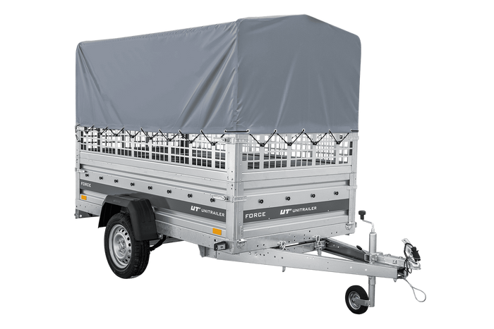 Remorque porte-voitures sur ressorts 230x125 UNITRAILER FORCE 230/R KIPP avec côtés en filet, châssis H-800 et bâche grise