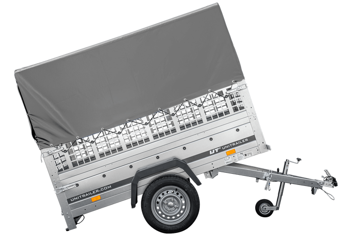 Remorque porte-voitures 200x106 UNITRAILER GARDEN 200 KIPP avec côtés en filet, châssis H-800 et bâche grise