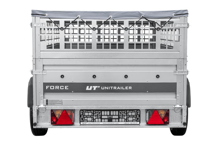 Remorque légère sur ressorts 230x125 UNITRAILER FORCE 230/R KIPP avec côtés en filet, châssis H-0 et bâche grise