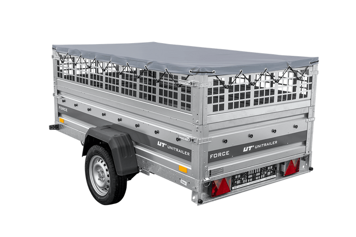 Remorque légère sur ressorts 230x125 UNITRAILER FORCE 230/R KIPP avec côtés en filet, châssis H-0 et bâche grise