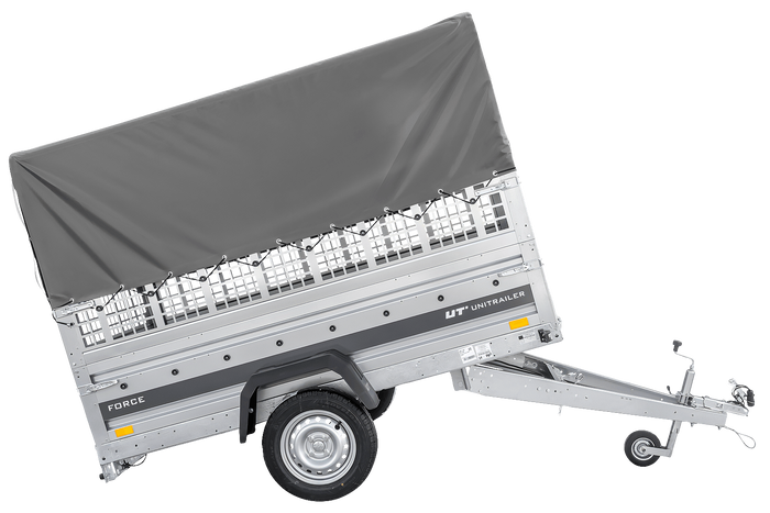 Remorque à un essieu 230x125 UNITRAILER FORCE 230 KIPP avec ridelles grillagées, châssis H-800 et bâche grise