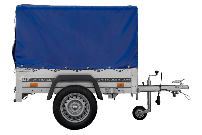 Remorque pour voiture 150x106 bâche bleue + arceau, PTAC 500 kg Garden Trailer 150 KIPP [avec roue jockey]