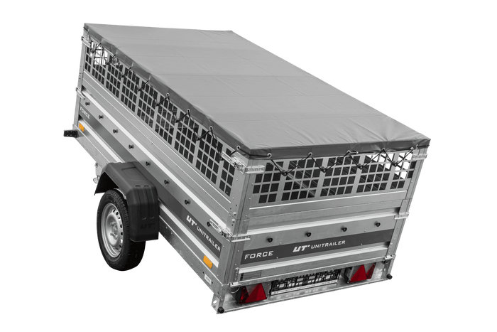 Remorque à un essieu 230x125 UNITRAILER FORCE 230 KIPP avec côtés grillagés, châssis H-0 et bâche grise