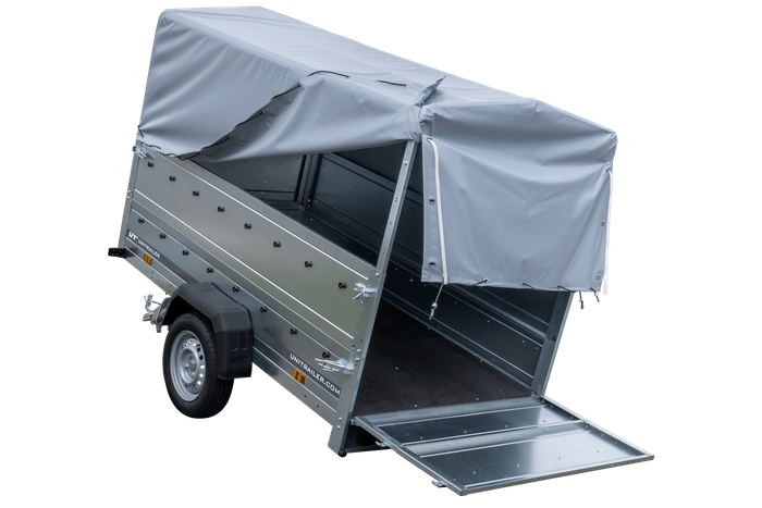 Remorque porte-voitures 230x125 UNITRAILER GARDEN 230 KIPP avec ridelles BIS, châssis H-800 et bâche grise