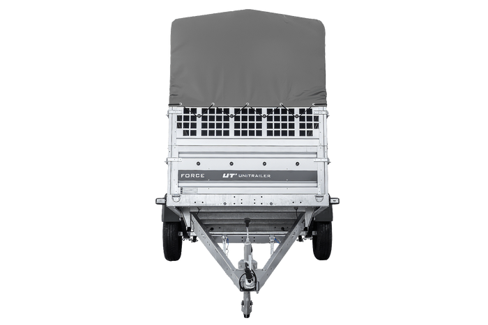 Remorque porte-voitures sur ressorts 264x125 UNITRAILER FORCE 264/R KIPP avec côtés en filet, châssis H-800 et bâche grise