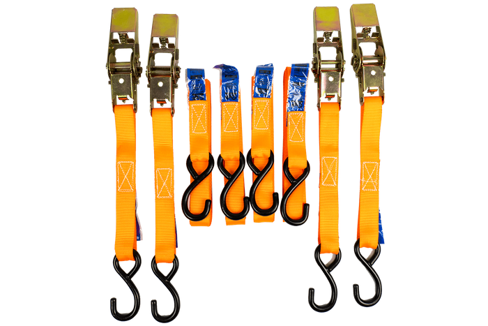 Ensemble de quatre sangles de transport UNITRAILER orange de 4 m/25 mm/0,68 t avec tendeur, dans une valise