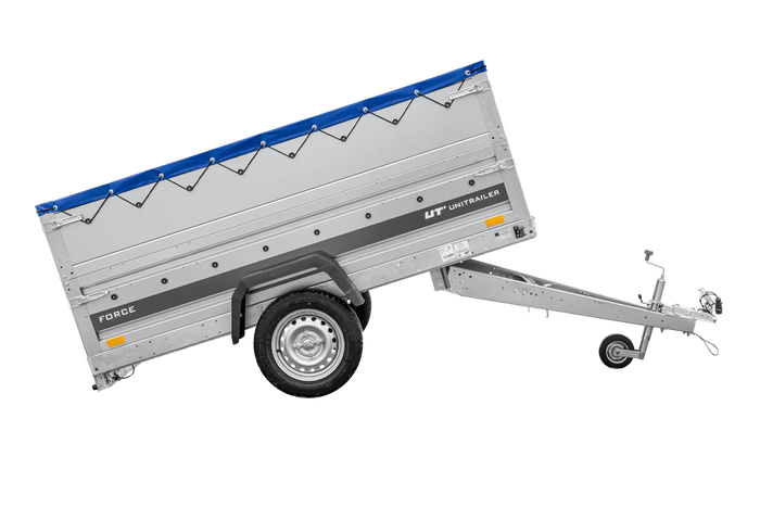Remorque légère 230x125 UNITRAILER FORCE 230 KIPP avec ridelles BIS, châssis H-0 et bâche bleue
