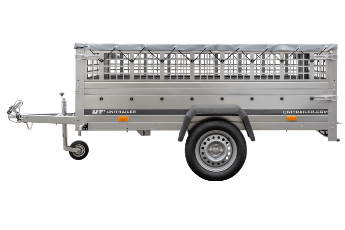 Remorque à un essieu 230x125 UNITRAILER GARDEN 230 KIPP avec côtés en filet, châssis H-0 et bâche grise