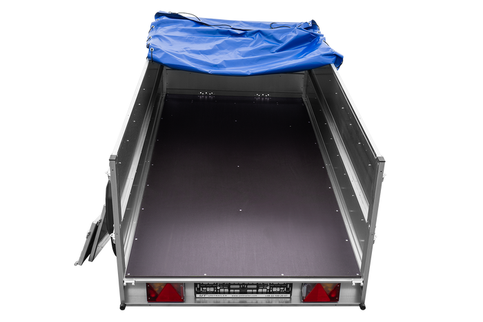 GARDEN TRAILER 264/2 KIPP remorque à deux essieux avec roue jockey, tiges de support, ridelles supplémentaires et bâche plate bleue