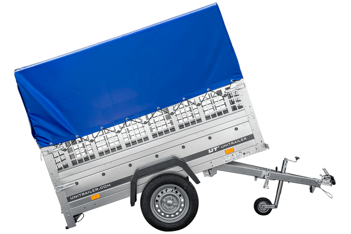Remorque légère 200x106 UNITRAILER GARDEN 200 KIPP avec côtés en filet, châssis H-800 et bâche bleue