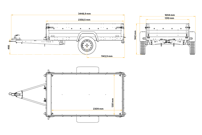 Remorque à un essieu 230x125 UNITRAILER FORCE 230 KIPP avec ridelles grillagées, châssis H-800 et bâche grise