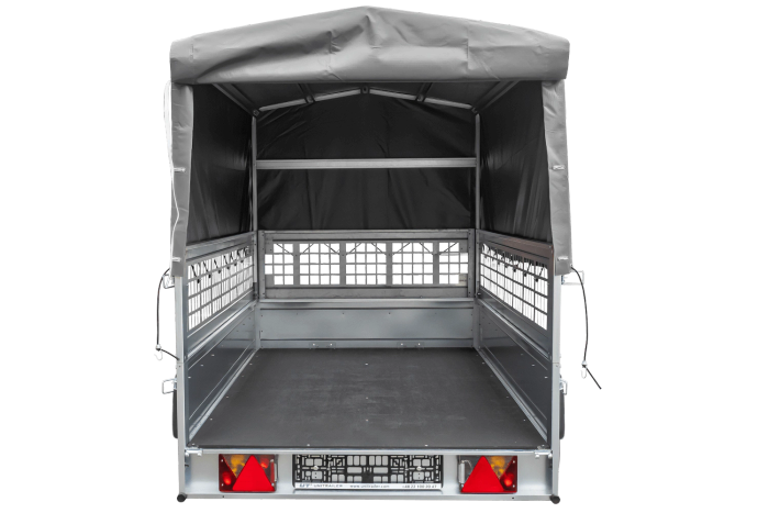 Remorque porte-voitures sur ressorts 230x125 UNITRAILER GARDEN 230/R KIPP avec côtés en filet, châssis H-800 et bâche grise