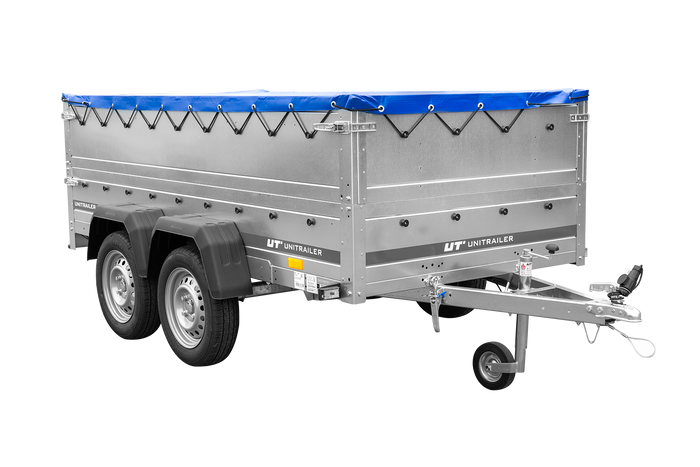 Remorque double essieux Garden Trailer 264/2 KIPP avec roue jockey, rehausses de ridelles et bâche plate bleue