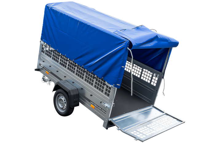 Remorque à un essieu 230x125 UNITRAILER GARDEN 230 KIPP avec côtés en filet, châssis H-800 et bâche bleue