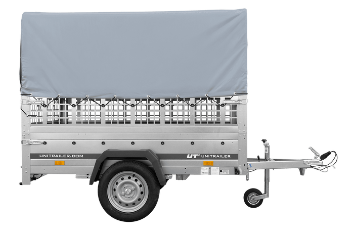 Remorque à un essieu sur ressorts UNITRAILER GARDEN 201/R KIPP 200x125 avec côtés en filet, châssis H-800 et bâche grise