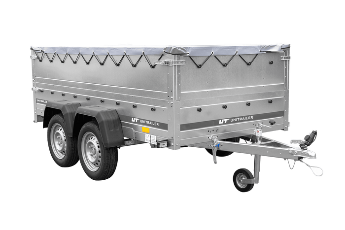 GARDEN TRAILER 264/2 KIPP remorque à deux essieux avec roue jockey, châssis H-0, ridelles BIS et bâche plate grise