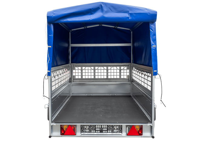 Remorque à un essieu 230x125 UNITRAILER GARDEN 230 KIPP avec côtés en filet, châssis H-800 et bâche bleue