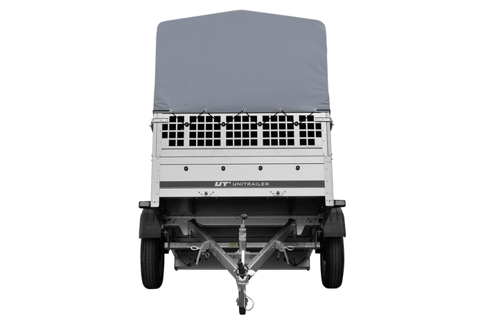 Remorque à un essieu 200x125 UNITRAILER GARDEN 201 KIPP avec côtés en filet, châssis H-800 et bâche grise