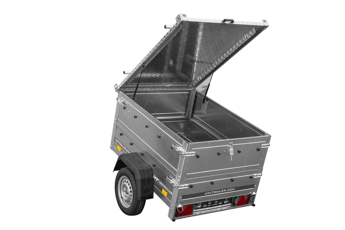 Remorque mono-essieu 150x106 UNITRAILER GARDEN 150 KIPP avec ridelles BIS et bâche en aluminium