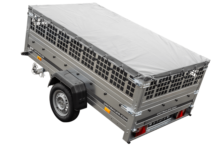 Remorque porte-voitures 230x125 UNITRAILER GARDEN 230 KIPP avec côtés en filet et bâche grise