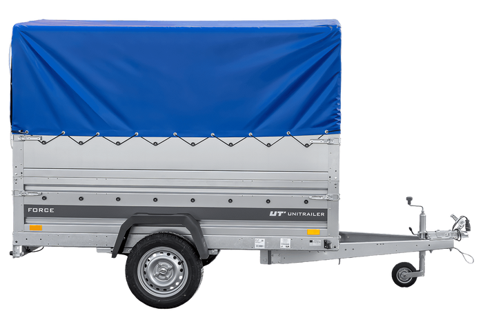 Remorque à un essieu sur ressorts 230x125 UNITRAILER FORCE 230/R KIPP avec ridelles BIS, châssis H-800 et bâche bleue