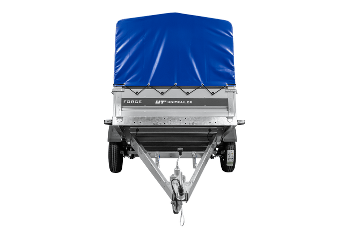 Remorque porte-voitures sur ressorts 230x125 UNITRAILER FORCE 230/R KIPP avec châssis H-800 et bâche bleue