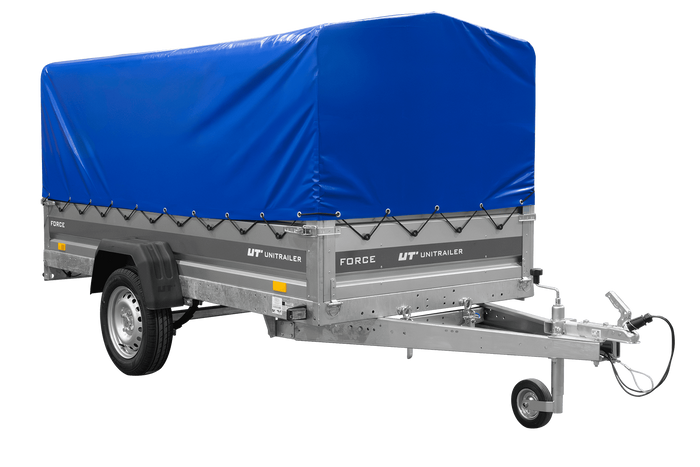 Remorque à un essieu sur ressorts 264x125 UNITRAILER FORCE 264/R KIPP avec châssis H-800 et bâche bleue