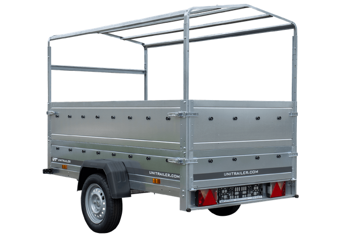 Remorque porte-voitures 230x125 UNITRAILER GARDEN 230 KIPP avec ridelles BIS, châssis H-800 et bâche grise