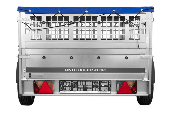 Remorque porte-voitures sur ressorts 200x125 UNITRAILER GARDEN 201/R KIPP avec côtés en filet, châssis H-0 et bâche bleue