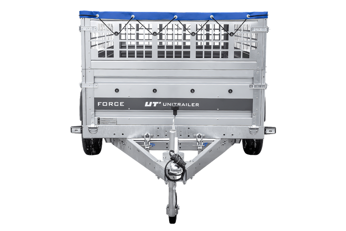 Remorque à un essieu sur ressorts 264x125 UNITRAILER FORCE 264/R KIPP avec côtés en filet, châssis H-0 et bâche bleue