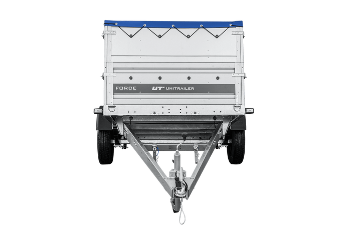 Remorque porte-voitures sur ressorts 230x125 UNITRAILER FORCE 230/R KIPP avec côtés BIS, châssis H-0 et bâche bleue