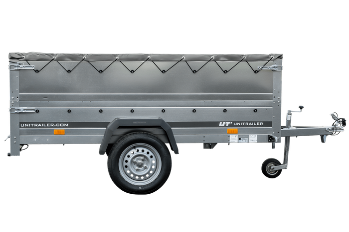 Grande remorque 230x125 avec bâche plate grise, tiges de support bâche, rehausses de ridelles et roue jockey - Garden Trailer 230 KIPP