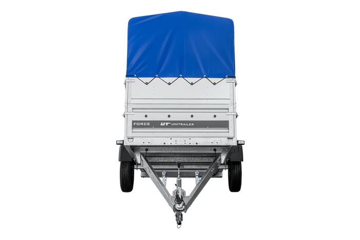 Remorque porte-voitures 230x125 UNITRAILER FORCE 230 KIPP avec ridelles BIS, châssis H-800 et bâche bleue