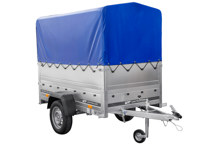 Remorque Garden Trailer 200 Kipp avec roue jockey, rehausses supplémentaire, arceau H-800 et bâche bleue