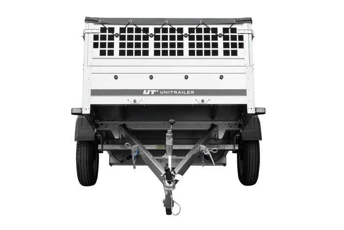 Remorque porte-voitures 200x125 UNITRAILER GARDEN 201 KIPP avec côtés en filet, châssis H-0 et bâche grise
