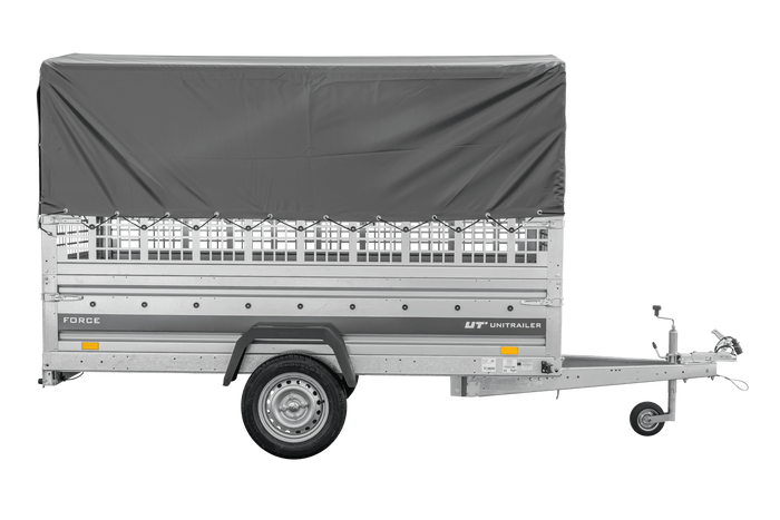Remorque porte-voitures 264x125 UNITRAILER FORCE 264 KIPP avec côtés en filet, châssis H-800 et bâche grise