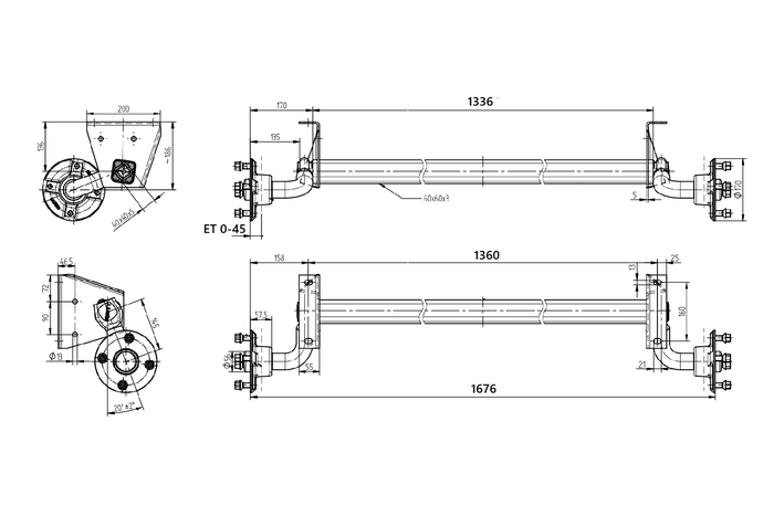 Essieu non freiné KNOTT VG7-L pour remorque 750 kg 1360 mm 1676 mm 4x130
