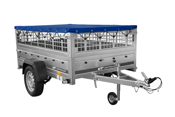 Remorque porte-voitures sur ressorts 200x125 UNITRAILER GARDEN 201/R KIPP avec côtés en filet, châssis H-0 et bâche bleue