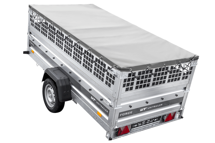Remorque à un essieu sur ressorts 264x125 UNITRAILER FORCE 264/R KIPP avec côtés en filet, châssis H-0 et bâche grise
