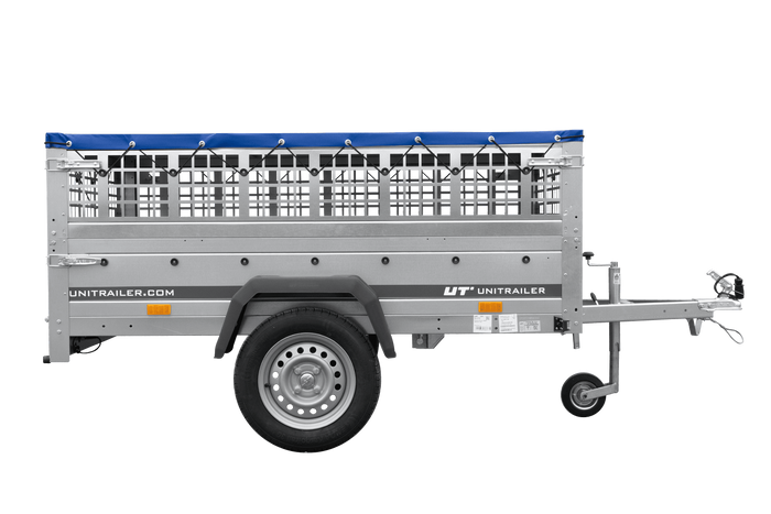 Remorque à un essieu 200x125 UNITRAILER GARDEN 201 KIPP avec ridelles grillagées, châssis H-0 et bâche bleue